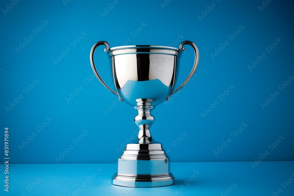 Fototapete shiny silver trophy with an elegant base, standing against a blue background. the cup is adorned wit