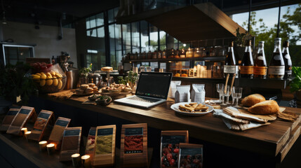 A warm and inviting café scene with a laptop, food, beverages, and ambient lighting