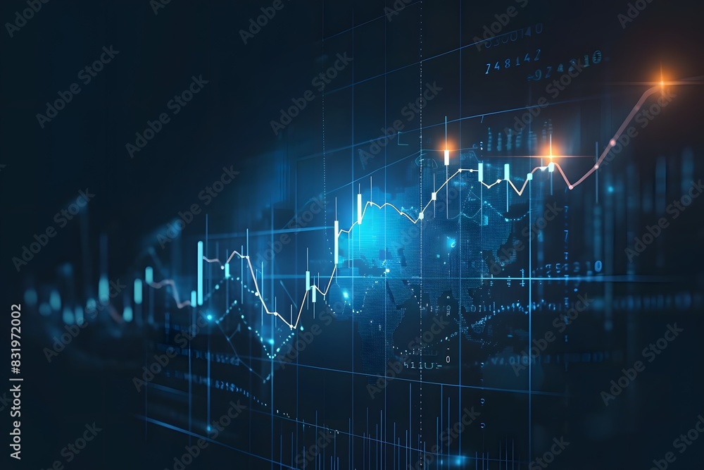 Poster digital background featuring stock market charts and graphs on a dark blue gradient, with copy space