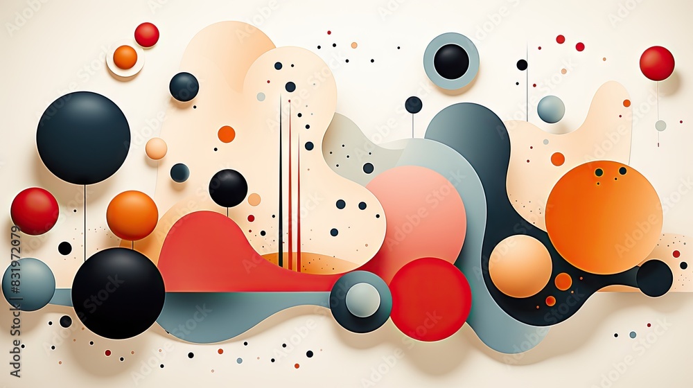 Poster vibrant, abstract 3d paper cut composition with overlapping shapes and splashes, giving a dynamic an