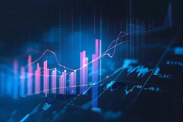 Naklejka premium Digital background featuring stock market charts and graphs on a dark blue gradient, with copy space. The scene includes glowing light effects to highlight the data points and numbers of financial per