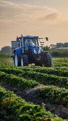 Fototapeta premium Lush green strawberry plants arranged in even rows with a tractor spreading straw mulch on the plantation. 