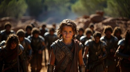 Obraz premium A young warrior confidently leads a group with ancient armory in a historical setting