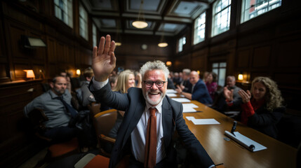 A confident businessman with glasses raises his hand in a boardroom setting, surrounded by colleagues