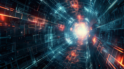 Obraz premium 3d abstract technology background with wavy scientific fiber round tunnel. Web banner and futuristic digital art.