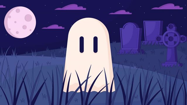 Adorable ghost at night graveyard lo fi animated cartoon background. Spirit floating at midnight full moon lofi aesthetic wallpaper animation. Old cemetery color chill scene 4K video motion graphic