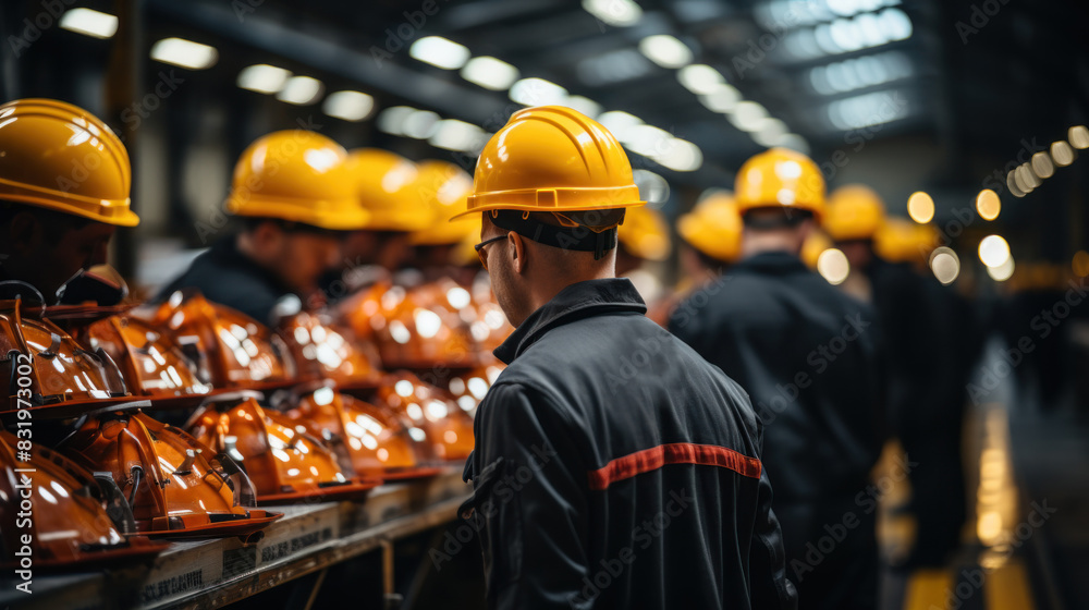 Poster a group of workers in uniform are gathered in a factory setting, all wearing yellow safety helmets a