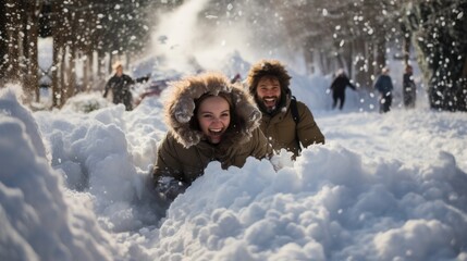 Obraz premium A couple in winter clothing enjoys a playful moment diving into deep snow
