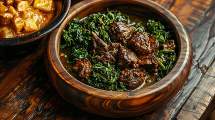 Zimbabwean sadza in a wooden bowl, with a side of greens and meat stew. A traditional and hearty dish from Zimbabwe
