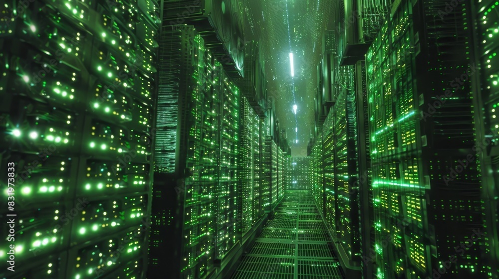 Poster a sea of computer towers tower above the observers each one working tirelessly to mine digital curre