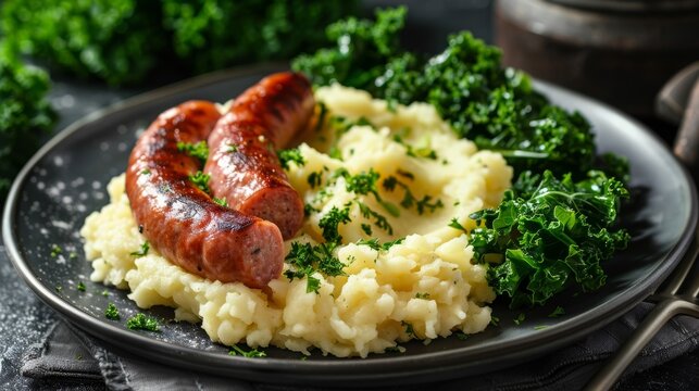 Dutch stamppot on a plate, mashed potatoes mixed with kale and served with a smoked sausage. A traditional and hearty dish from the Netherlands.