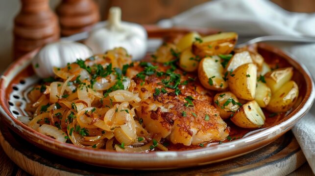 Portuguese bacalhau a bras on a plate, made with shredded salt cod, onions, and fried potatoes. A flavorful and traditional dish from Portugal.