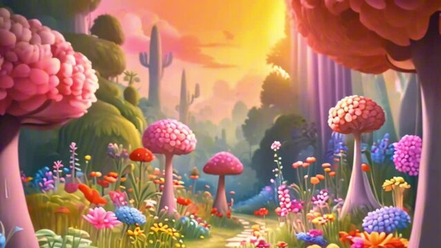 a painting of a garden with flowers and trees, a detailed matte painting