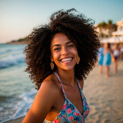 Happy Moment: Black Woman Smiling at a Beach Party