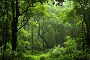 A vibrant, lush green forest brimming with a diverse array of towering trees, offering a serene haven for wildlife and a visual feast for nature enthusiasts. Generative AI