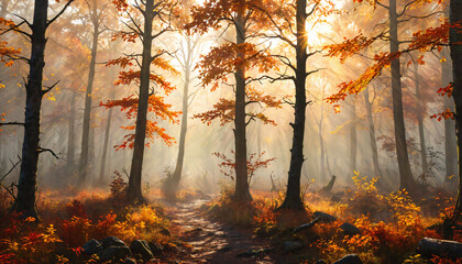 Obraz premium Forêt enchanteresse au lever du soleil automnal