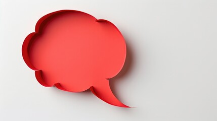 A red speech bubble made of paper on a white background with ample space for text insertion