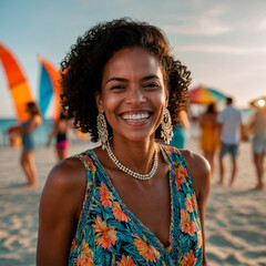 Portrait of a Black Woman Smiling at a Summer Beach Party