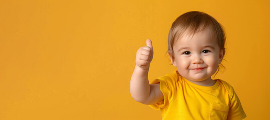 A cute smiling toddler in a yellow t-shirt shows a thumbs up gesture on a colored background.