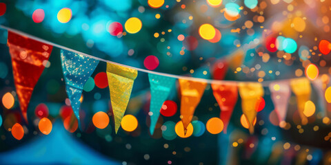 A colorful bunting banner with a blurred background serves as a party, birthday or festival concept.