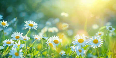 A beautiful spring meadow, dotted with daisies, offers a nature background on a sunny day.