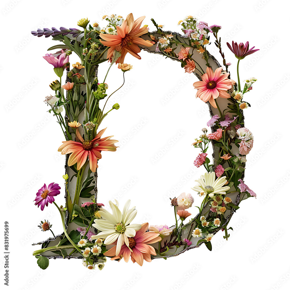 Fototapete elegant shot of text letters d crafted in flowers on a clean, isolated on transparent background