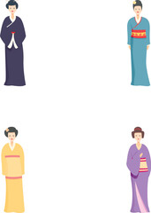 Collection of four vector illustrations featuring women in colorful kimonos, representing japanese culture