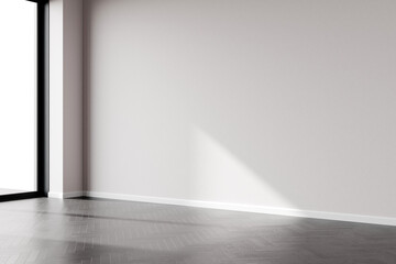 Minimalist interior showing a room corner with sunlight shining through a window onto a wooden floor, 3d render.