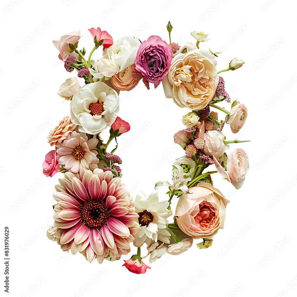 Fototapete elegant shot of text letters d crafted in flowers on a clean, isolated on transparent background