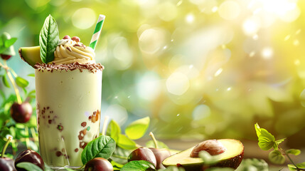 fruit avocado milkshake with yummy cream and chocolate is on wooden table and looking so tasty with sunlight on background