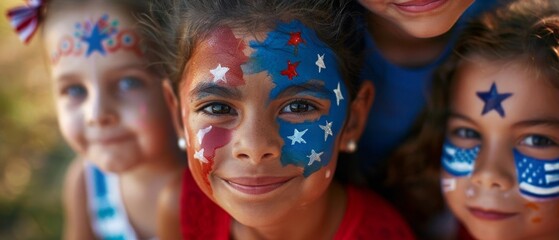 Fototapeta premium A closeup shot of children s faces painted with patriotic designs for Independence Day