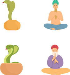 A collection of vector illustrations showcasing individuals meditating and charming snakes