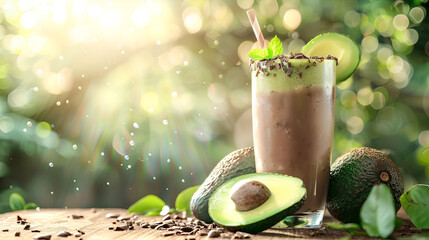 fruit avocado milkshake with yummy chocolate is on wooden table and looking so tasty with sunlight and greenery background