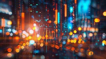 Obraz premium Abstract glowing big data forex candlestick chart on blurry city backdrop. Trade, technology, investment