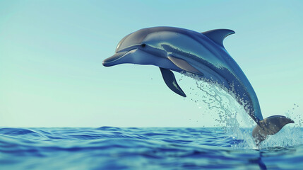 Fototapeta premium A dolphin is leaping out of the water. Concept of freedom and joy, as the dolphin soars through the air. The blue ocean and sky in the background add to the feeling of vastness and openness