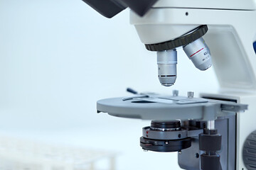 Science, microscope and tools for research closeup, innovation or analysis in laboratory....