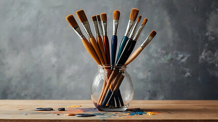A simple vase with art paint brushes placed in it. with paint strokes in background and copy space
 - Powered by Adobe