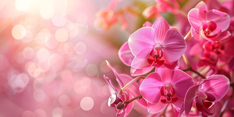 close-up of a branch of pink orchids, with a blurred pink and purple background flowers are set against a white and pink color palette, with highlights and shadows creating depth and texture