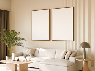 Stylish interior design of a living room with a neutral color palette and two blank frame posters on the wall, 3d render.