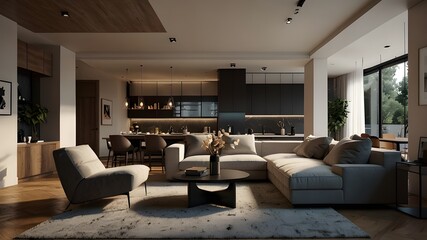 An exquisite 3D simulation of a modern living room, bedroom, kitchen, and bathroom interior made with artificial intelligence.