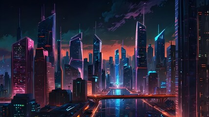 Neon lights, flying autos, and skyscrapers make up the futuristic fantasy world's spectacular evening skyline in cyberpunk city. 3D illustration in digital art. painting in acrylic. 