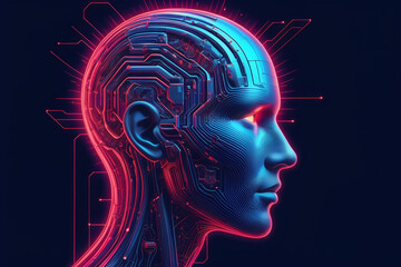 Obraz premium humanoid robot head representing artificial intelligence, with colorful digital elements symbolizing futuristic technology and innovation