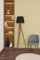 3d render of yellow wall mock up with corner recessed book shelves,chair and standing lamp. Wood parquet floor. Set 16