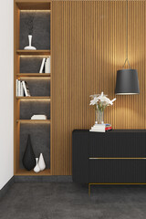 3d render of wood stripes wall mock up with corner recessed book shelves, black credenza and hanging lamp. Gray cement floor. Set 18