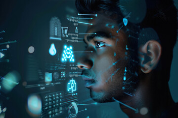 A closeup shot of male face with digital data flowing around him in an array of holographic icons