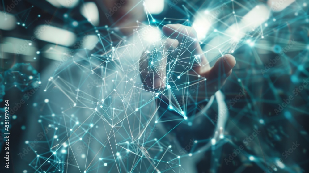 Aufkleber Businessman touching multimedia network with his finger 3D rendering