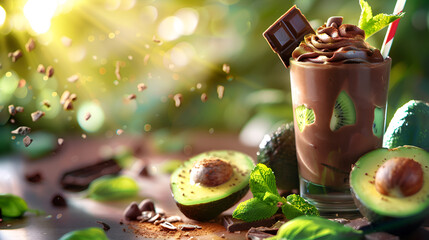 fruit avocado milkshake with yummy chocolate is on wooden table and looking so tasty with sunlight on background