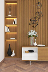 3d render of wood stripes wall mock up with corner recessed book shelves, credenza and hanging lamp. Wood parquet floor. Set 20