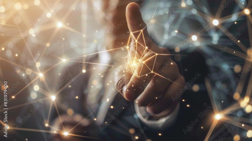 Poster businessman touching multimedia network with his finger 3d rendering