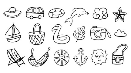 Cute Beach Shapes Summer Boho Doodle Sketch Set